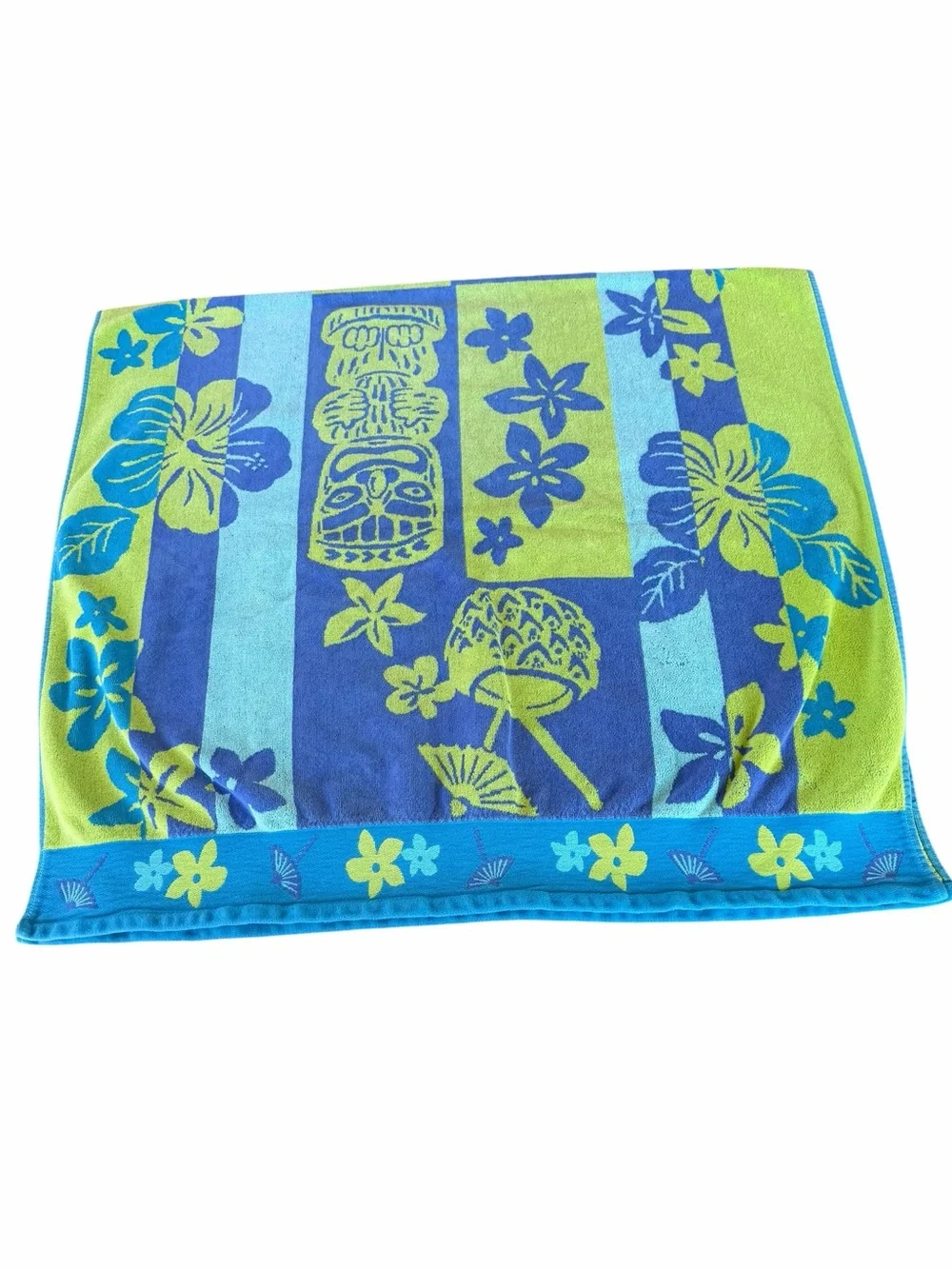 Kirkland Hawaiian Tiki Hibiscus Egyptian Cotton Lrg Beach Towel Blue Green 36x66